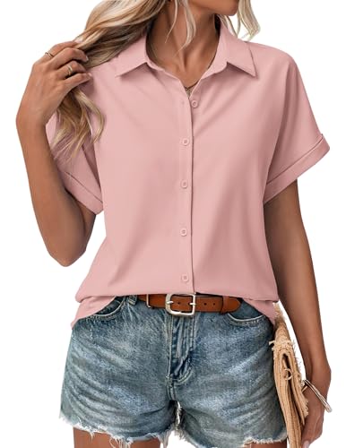 Zeagoo Casual Tops for Women Short Sleeve Button Down Shirts Ladies Summer Blouses Business Work Clothing Pink