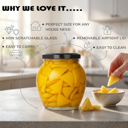 Image of Transparent Glass Jar and Container Air Tight Black Lid for Kitchen 400 ml Matki Glass Jar with Airtight Metal Lid Pack of 6.