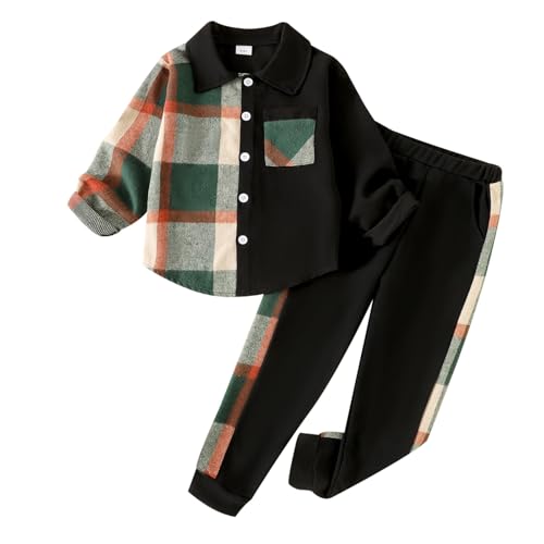 Image of Boy Clothes Fall Winter Outfits Long Sleeve Plaid Patchwork Button Down Shirt + Casual Pocket Sweatpants 5-14 Years
