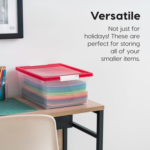 Image of IRIS USA 12 Qt. Plastic Storage Bins Containers with Lids, 4 Pack, Sensory Bin, Craft Storage, Craft Organizers and Storage, Organizing Container for Home, Office School Supplies, Stackable, Clear /Red