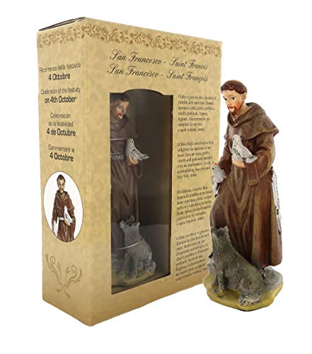 Statua di San Francesco da 12 cm in confezione regalo con segnalibro in IT/EN/ES/FR