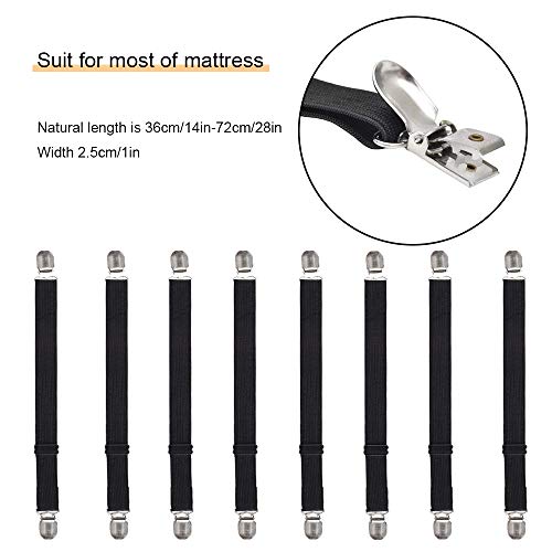 QoeCycth Adjustable Bed Sheet Straps Clips, Elastic Mattress Sheet Fasteners Holder and Suspenders, Grippers to Hold Sheet, Mattress, Sofa, Couch, Table Cloth, Ironing Board Cover, 8Pcs, Black
