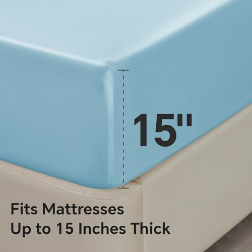 BEDELITE Satin Fitted Sheet and Pillowcase Set, Luxury Soft Similar to Silk Bottom Bedsheet with Elastic Corner Straps, Deep Pocket up to 15 Inch, 1 Fitted Sheet and 1 Pillowcase(Twin, Light Blue)