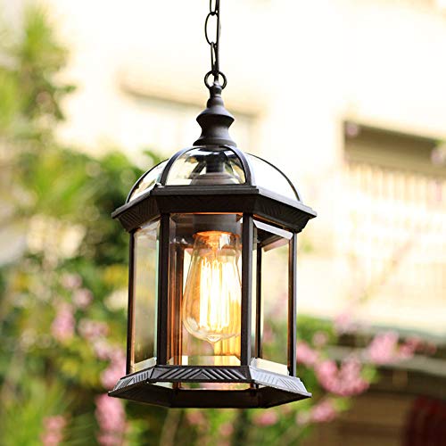 Mengjay Lampada a sospensione da esterno vintage europea impermeabile IP23 E27 Lampada da esterno,Lampadario in alluminio in vetro per giardino villa cortile（21x32cm）