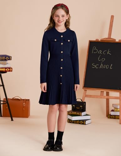 GRACE KARIN Girls Sweater Fall Dress Long Sleeve Knit Button Front Pleated A-Line Casual Winter Midi Dresses 5-14Y2