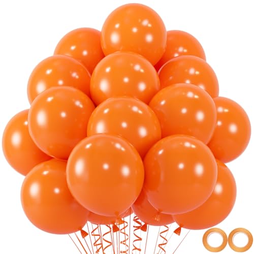 Image of 100pcs Orange Balloons, Helium Quality 12 inch Orange Latex Party Balloon for Birthday, Baby Shower, Graduation, Halloween Party Decor (66ft Ribbons)