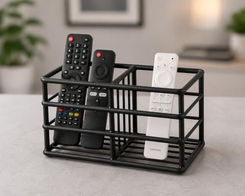 Image of Craft Mshopr Black Iron Remote Control Holder Rack, 2 Compartment TV Remote Organizer, Tabletop Remote Storage Stand for Living Room, Bedroom, Desk & Bedside, 6.75 x 3.25 x 4.5 Inches