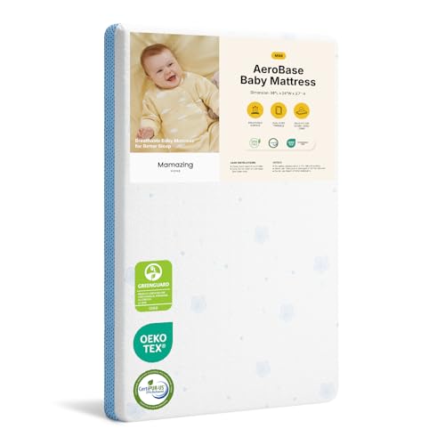 Image of MAMAZING Aerobase Mini Crib Mattress 38" L x 24" W, 2-Stage Breathable Mattress, Non-Toxic, Waterproof Sleep Surface, Machine-Washable Outer Cover for Easy Care, Fits Mini Size & Portable Crib