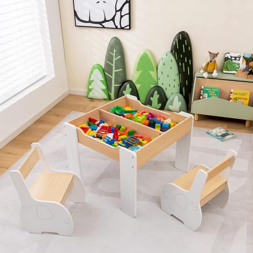 COSTWAY COSTWAY Kindertisch mit 2 Stühlen, 3 teilige Kindersitzgruppe aus Holz mit wendbarer & abnembarer Tischplatte, Kinder Maltisch mit Stauraum, Kindermöbel Sitzgruppe für Kinder ab 3 Jahren (Weiß) - Detailansicht 2 | Kinderzimmermöbel