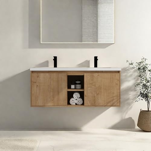 Image of Floating Bathroom Vanity, 48 inch Bathroom Storage Cabinet with Double Resin Sinks, 2 Soft-Close Doors & 2 Open Storage Shelves, Modern Wall-Mounted Vanity with 45 Bevel Handles, Oak