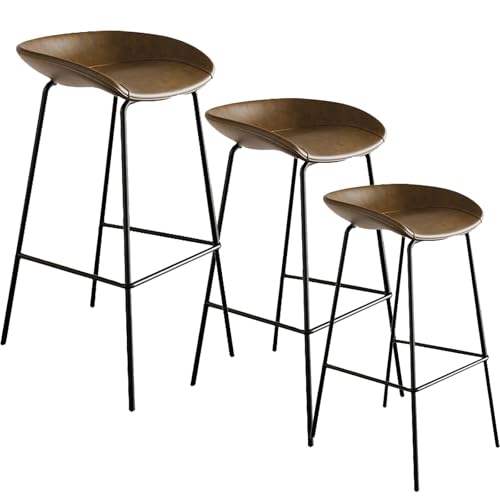 Taburete de bar curvado de 65 cm de altura, tapizado, con patas de metal, elegante taburete de hierro para el hogar y el restaurante, juego de 1 (marrón)
