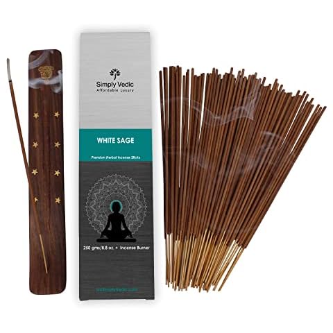 Simply Vedic White Sage Premium Incense Stick Agarbatti 250 Grams / 8.8 Oz (Approx 135 Sticks) with Burner for Meditation, Yoga, Spiritual Healing, Prayers, Reiki, Aromatherapy Energy Cleansing Cover