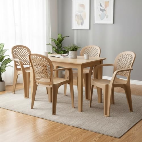 Image of Cello Crystal Armrest Plastic Chair with Matt Finish | Chairs for Living Room, Garden, Home Indoor and Outdoor Use (Colour: Marble Beige, Set of 4)