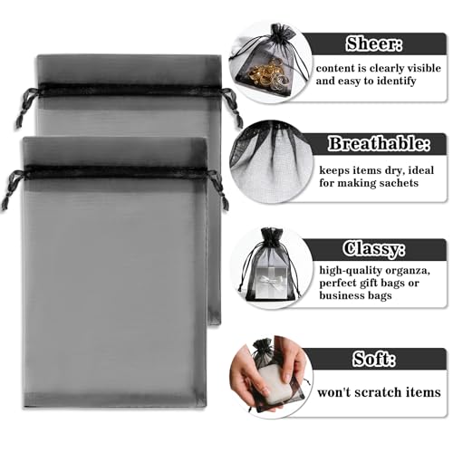 Image of Sukh Black Organza Bags 5''x7'' - 100pcs Sheer Mesh Drawstring Bags for Jewelry, Soap, Fruits, Candy, Small Gift Bags for Weddings, Valentine's Day, Mother's Day, Halloween, Thanksgiving, Christmas
