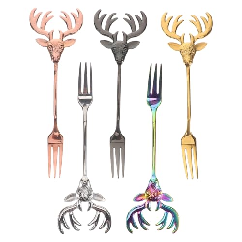 MOKKHNB 5 Pezzi Mini Forchette Acciaio Inossidabile con Design Testa Cervo Eleganti Forchettine per Dessert Frutta e Antipasti per Feste e Speciali
