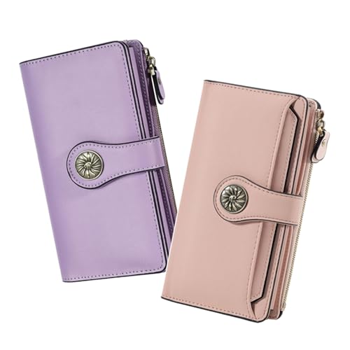Travelambo Wallets Women RFID Large Capacity Luxury Waxed Leather Clutch Wallet Multi Card Organizer(Light Purple + Champagne Pink)