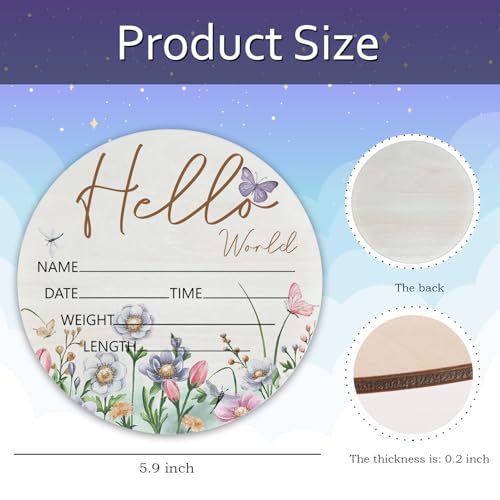 Image of Birth Announcement Sign Hello World Baby Name Wood Butterfly Theme | Round Wood Plaque with Butterfly & Floral Design, Custom Name Date Weight Length Great for Nursery Wall Baby Shower Gifts
