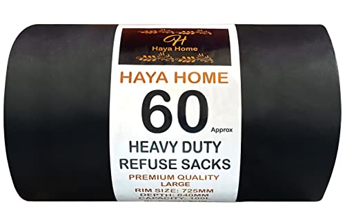 Haya Home 60 Black Plastic Bin Bags Heavy Duty Bin Liners, Refuse Sacks Heavy Duty Waste Dustbin Bags roll 100L for Kitchen Home Office DIY Garden Made from 100% Recycled Material