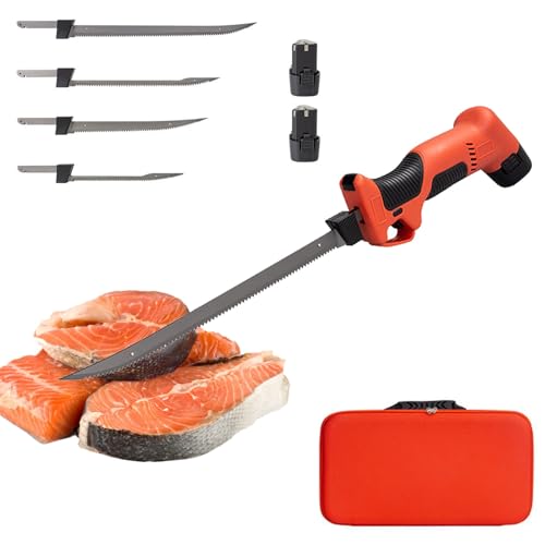 Troqullium Kit de cuchillo eléctrico inalámbrico for filetear con mango antideslizante, 4 cuchillas recíprocas antiadherentes revestidas + 2 baterías + bloqueo de seguridad, resistente al agua.