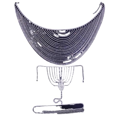 Sexy Diamond Chest Chain Bra Panties Sparkly Rhinestone Body Chain Crystal Bikini Chest Jewelry Lingerie Woman Nightclub Clothing (Silver)