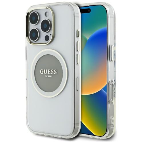 CG Mobile Guess IML Metal Colored Circle Logo Classic Compatible avec MagSafe pour iPhone 16 Pro (Gris)
