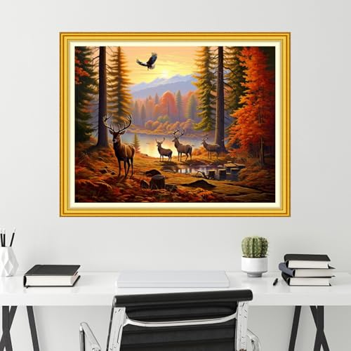 Image of Funchey Stamped Cross Stitch Kits, DIY Cross Stitch Pattern for Adults Beginners Needlepoint Kits Embroidery Kit Arts and Crafts 11CT-Forest elk 16x20 inch