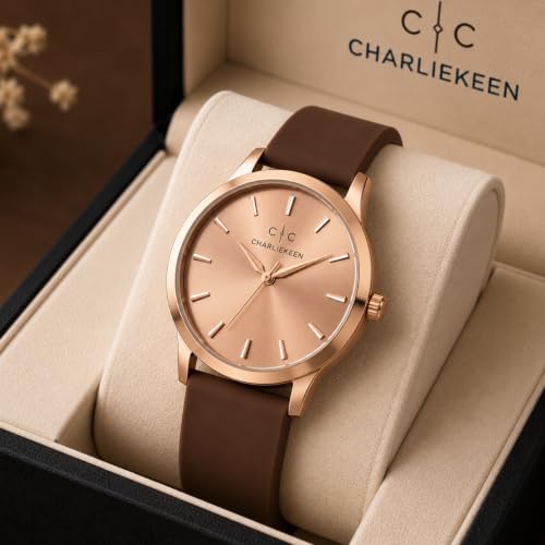 Image of CHARLIEKEEN Rose Gold Dial Watch with Brown Silicone Strap | ROSE GOLD Case, Minimalist Design, Stick Hour Markers, Casual Wear