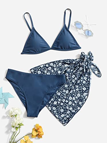 Image of SHENHE Girl's 3 Piece Cute Spaghetti Strap Triangle Bikini Swimsuit with Beach Cover Up Navy Blue 160, 12 Years