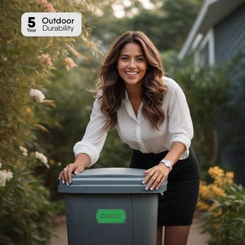 Image of Recycle and Trash Stickers for Garbage Cans - Green Premium Clear Vinyl Recycling Bin Labels - 4 Pack - 4.75 inch by 2.25 inch Decals Logo - Waste Signs for Home Kitchen or Office Bins Indoor /Outdoor Use