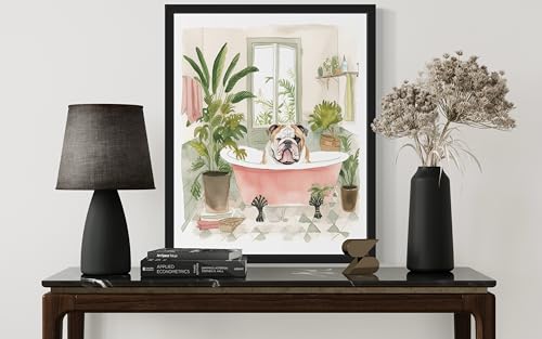 Image of Bulldog in Bathtub Black Framed Wall Art Poster Print, Animal Bathtub Restroom Wall Art Painting for Bathroom Decor Gallery Gallery 30 (Bulldog in Bathtub, 14 inch L x 11 inch W, Black Frame)