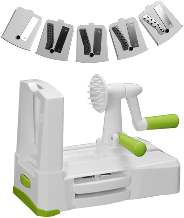 Manual Vegetable Slicer and Spiralizer, Multi-Functional Kitchen Cutter with 5 Blades, White and Green