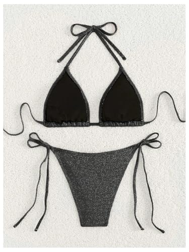 GORGLITTER Women's Sparkly String Bikini Sequin Halter Triangle Swimsuit Thong Bathing Suit2