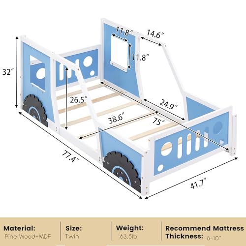 Twin-Size-Car-Bed-Wood-Floor-Bed-Frame-with-Headboard-Footboard-and-4-Side-Rails-Kids-Racecar-Bed-for-Boys-Girls-Teens-Blue Twin Size Car Bed Wood Floor Bed Frame with Headboard Footboard and 4 Side Rails Kids Racecar Bed for Boys Girls Teens Blue