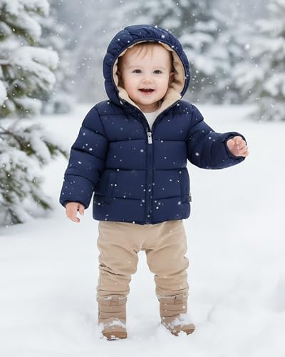 JiAmy Baby Winterjacke Jungen Mädchen Gefüttert Warm Abnehmbarer Kapuzen Steppjacke Kleinkinder Winddicht Outdoor Winter Mantel Oberbekleidung für 4-5 Jahre, Navy Blau