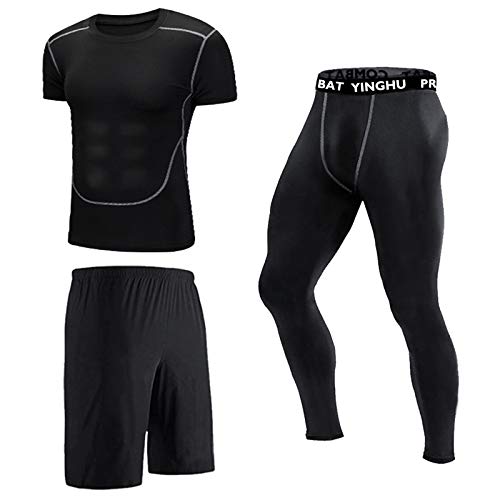 Danfiki Gym Clothes for Men 3 Pack Running Clothes Sports Wear Set Base Layers Tops Zip Pocket Draw String Loose Fitting Shorts Compression Leggings for Workout