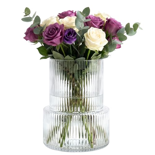 Ribbed Glass Cylinder Vase Set Clear Modern Centerpiece