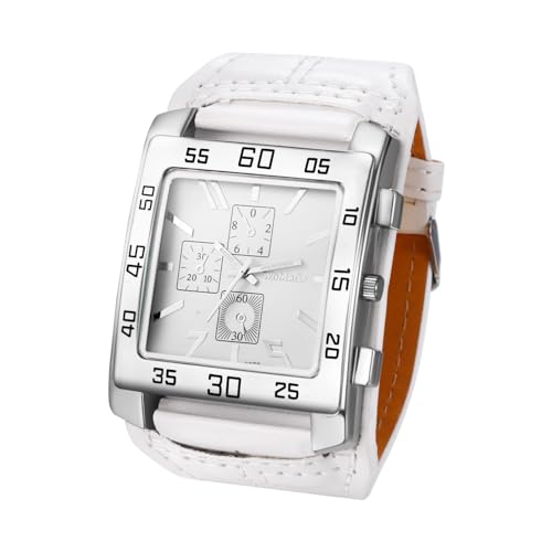 JewelryWe Reloj Punk Motero Hombre: Relojes Blanco de Cuarzo Analógico de Cuadrado Ancho Exagerados Correas de Cuero Hip Hop Steampunk Esfera Decorativa de Tres Ojos - para Ocio Reg