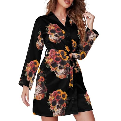 Image of Sugar Skull Flowers Fashion Robes for Women Knee Length Long Sleeved Nightgown Spa Bathrobe Soft Bath Robe M