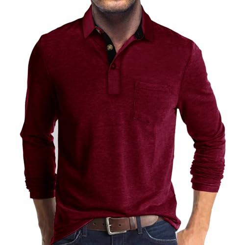 Image of Rodawu Mens Long Sleeve Polo Shirts Golf Tops Casual Smart Polo T-Shirts Grandad T Shirt Designer Red T Shirt Men M