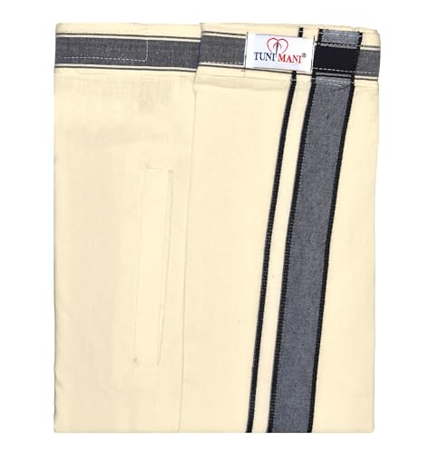 Image of TUNI MANI Kerala Style Men's Cotton Welcro Pocket Dhoti, Vesti /adjustable for all size (Single Dhoti)