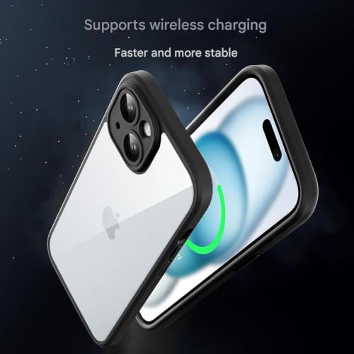 Image of VONZEE Clear Transparent Back Cover Case for iPhone 15 with Camera Protection Anti Yellow Slim Fit Anti-Fingerprint & Lightweight Protective Cover-Black