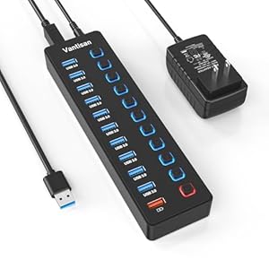 Powered USB Hub, 11-Port USB 3.0 Hub Splitter – 10 USB 3.0 Data Transfer Ports + 1 Smart Charging Port, USB Hub 3.0 Powered with Individual LED On/Off Switches and 5V/4A Power Adapter
