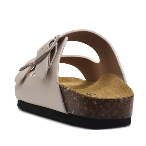 Image of Genuine Leather Cork Footbed Sandals with Arch Support Women Men's Flat Slip Slippers with Adjustable Double Buckle Beach Sandal Memory Foam Slides Open Toe Slipper for Summer Vacation