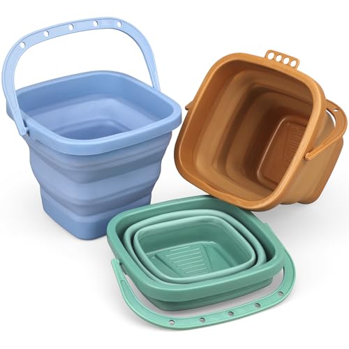 Image of Dilabnba 3-Pack Collapsible Beach Buckets with Mesh Bag, Silicone Sand Water Pails for Kids, Easter Buckets, Portable Beach Toys for Travel, Camping, Fishing, Summer Fun