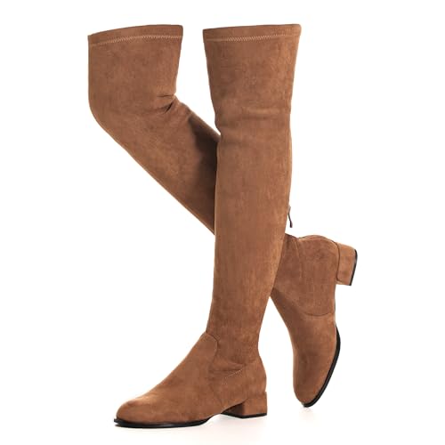 N.N.G Women's Over The Knee Boots, Brown Faux Suede, Stretchy