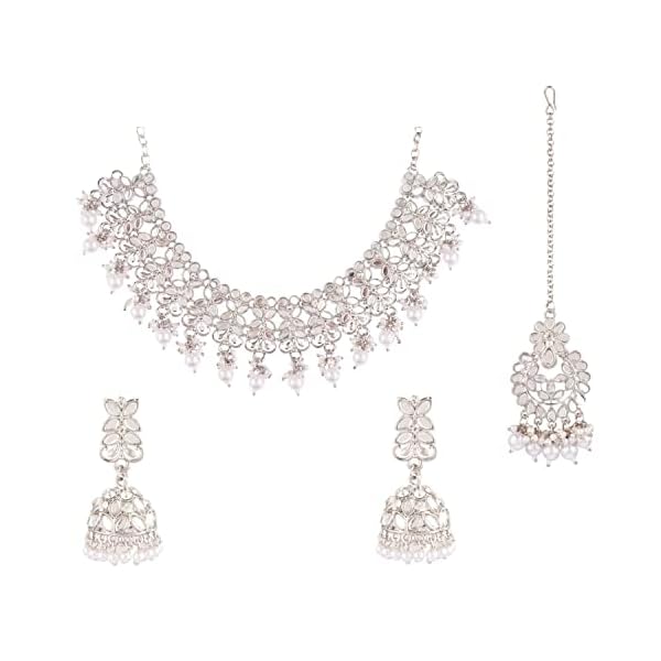Efulgenz-Choker-Necklace-Earrings-and-Maangtikka-Set-Indian-Oxidized-Jewelry-Antique-Boho-Faux-Kundan-Pearl-Crystal-Stone-Necklace-Manngtikka-with-Dangle-Round-Earrings-Bohemian-Jewelry-Set-for-Women