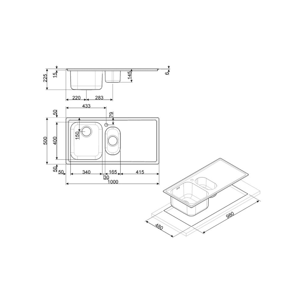 Smeg Alba LL102S-2 - Lavello da incasso a 1,5 vasca, 100 cm