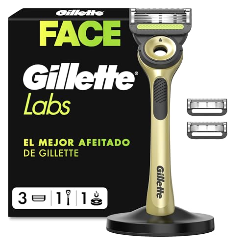 GilletteLabs Maquinilla de Afeitar Champion Gold Edition con Recambios, 1 Mango de Metal con Barra Exfoliante Integrada, 3 Cuchillas con Banda Lubricante, 1 Soporte Magnético