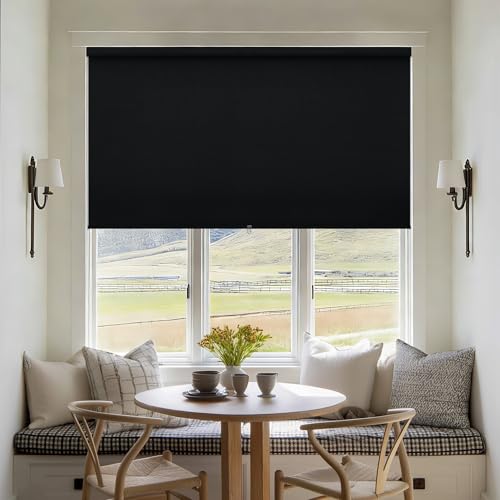 100% Black Out Shades for Indoor Windows Bedroom Living Room Dining Roller Shades Free-Stop Cordless Thermal Insulated Black Out Roller Blinds with Valance Room Darkening 58 Inch Wide Blinds
