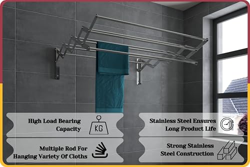 Image of Amiraj Foldable Wall Mounted Clothes Drying Stand |Heavy Duty Rust-Free Stainless Steel Zigzag Cloth Dryer Rack|9 Rod, 3 Feet |Space Saving Laundry Drying Rack for Balcony, Bathroom, Indoor & Outdoor